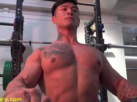 A hunk of a man works out and you can see all his muscles.