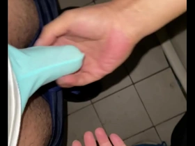 Public toilet jerk off with an Asian hitchhiker