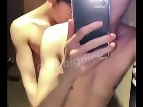 Asian twink gay couple’s bareback sex in lingerie and doggy style.