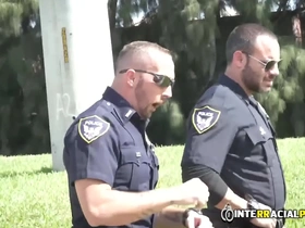 Gay police officers have rough sex with car thief and give him anal creampie