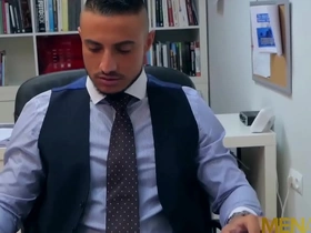 Gay boss James Castle gets some anal sex at work from Klein Kerr in a suit.