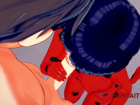 Uncensored 3D adult cartoon with Miraculous Ladybug and her partners in a steamy scene.