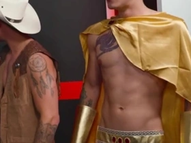 A steamy encounter between a muscular cowboy and a sexy, well-endowed jock