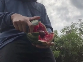 Solo Asian amateur masturbates with watermelon and ejaculates.